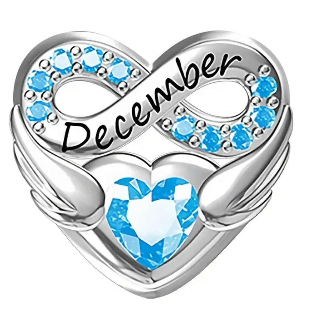 Elegant Silver Heart Infinity Charm Engraved December with Blue Gems Accents